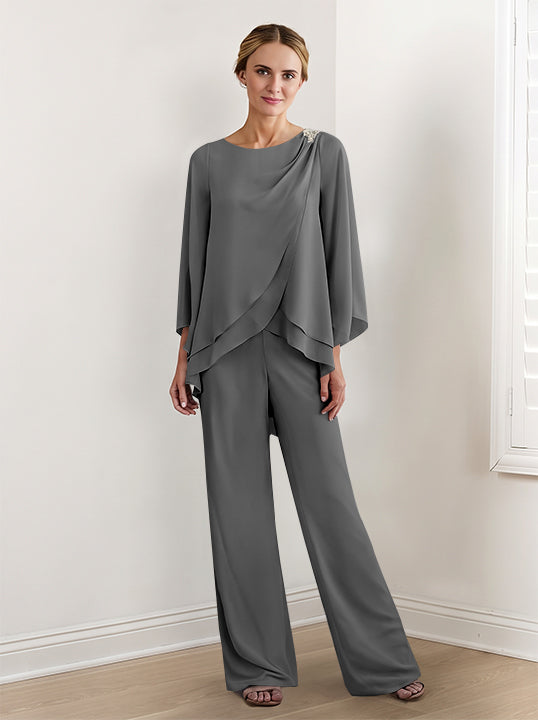 Tailleur-Pantalon en Mousseline à Manches Longues pour Mère de la Mariée