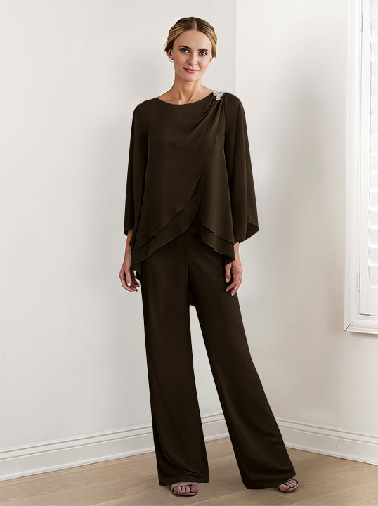 Tailleur-Pantalon en Mousseline à Manches Longues pour Mère de la Mariée
