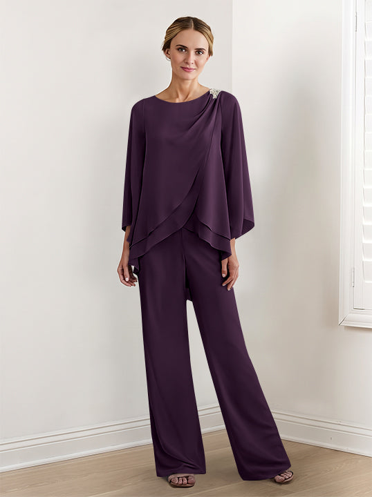 Tailleur-Pantalon en Mousseline à Manches Longues pour Mère de la Mariée