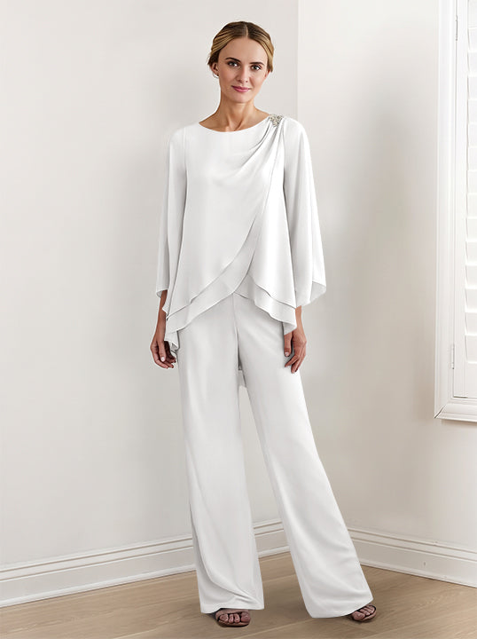 Tailleur-Pantalon en Mousseline à Manches Longues pour Mère de la Mariée