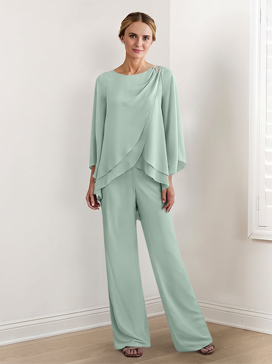 Tailleur-Pantalon en Mousseline à Manches Longues pour Mère de la Mariée