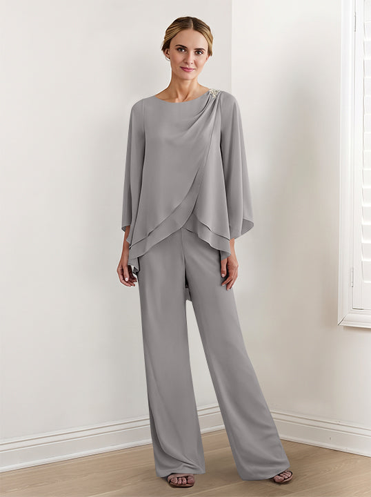 Tailleur-Pantalon en Mousseline à Manches Longues pour Mère de la Mariée