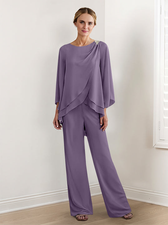 Tailleur-Pantalon en Mousseline à Manches Longues pour Mère de la Mariée