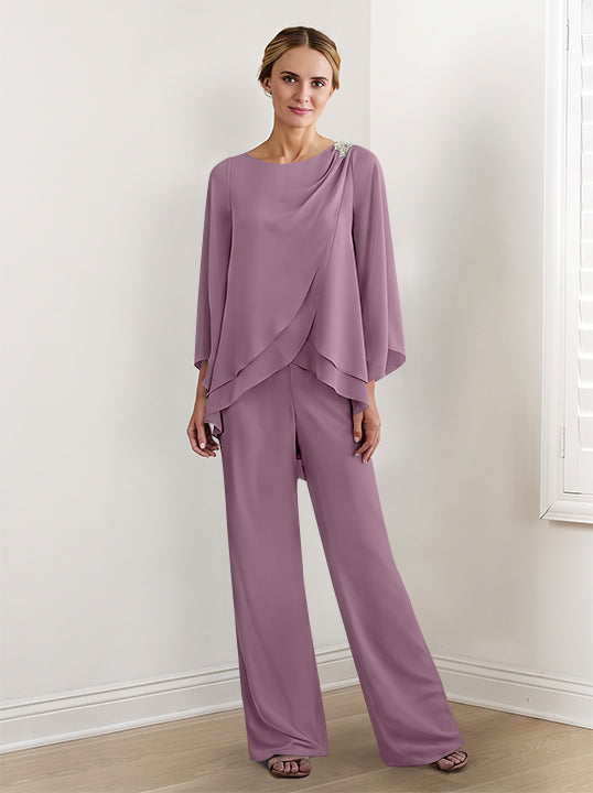 Tailleur-Pantalon en Mousseline à Manches Longues pour Mère de la Mariée