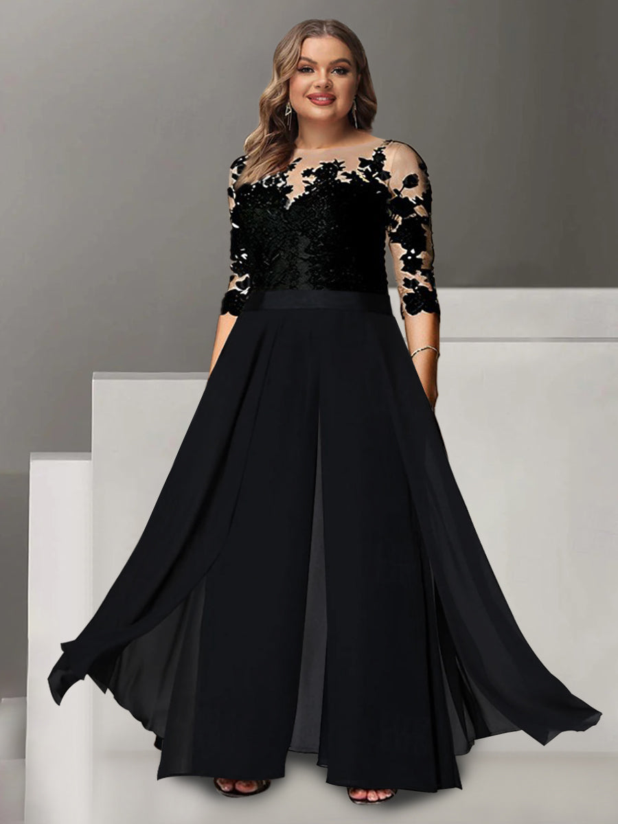 Tailleur-Pantalon pour Mère de la Mariée Grande Taille, Coupe A-Line/Princess, Col Bijou, Manches 3/4, Longueur Au Sol, avec Appliques
