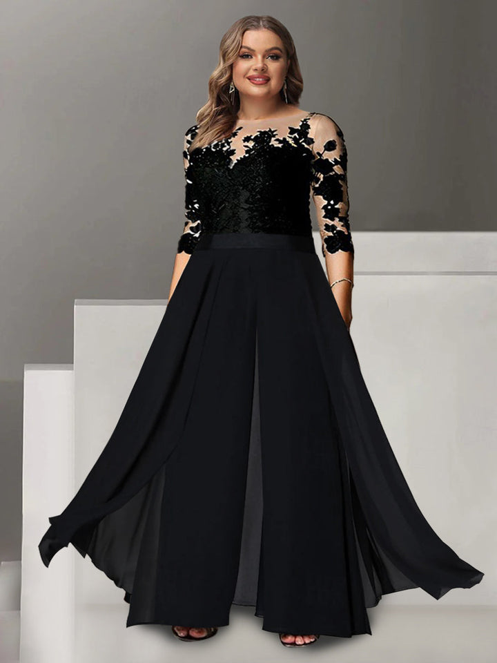Tailleur-Pantalon pour Mère de la Mariée Grande Taille, Coupe A-Line/Princess, Col Bijou, Manches 3/4, Longueur Au Sol, avec Appliques