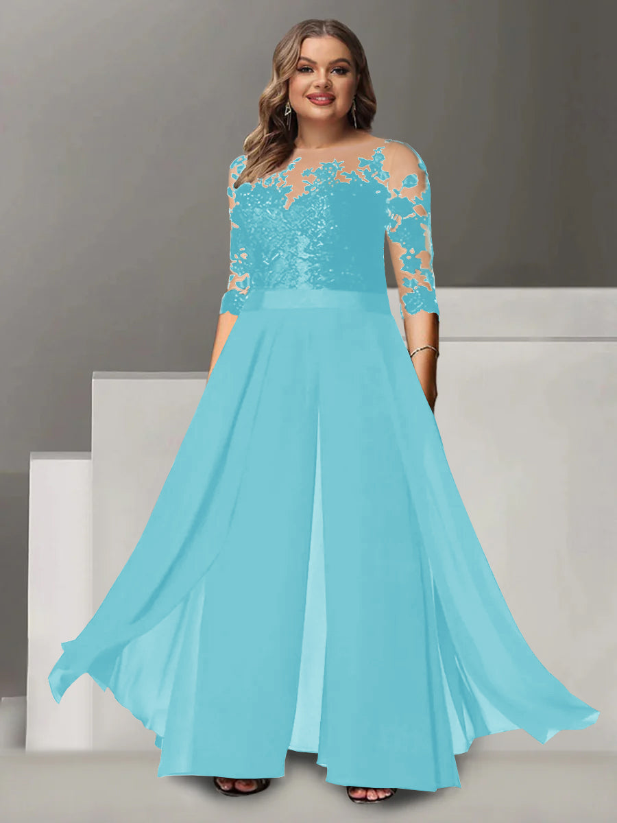 Tailleur-Pantalon pour Mère de la Mariée Grande Taille, Coupe A-Line/Princess, Col Bijou, Manches 3/4, Longueur Au Sol, avec Appliques