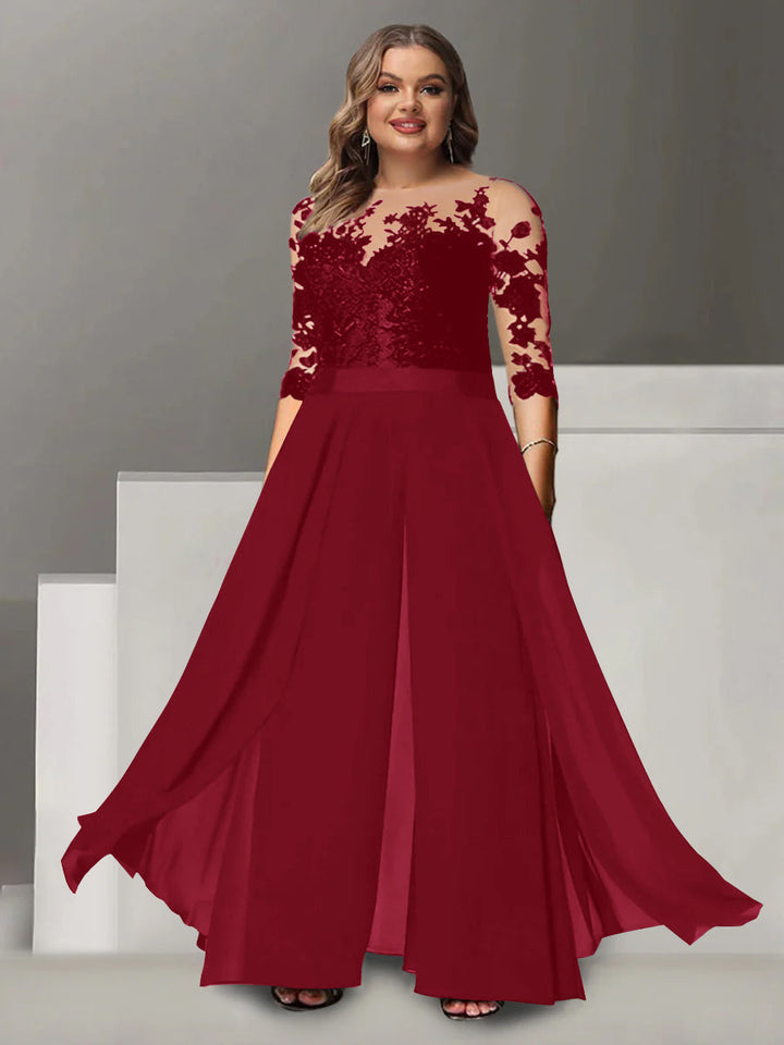 Tailleur-Pantalon pour Mère de la Mariée Grande Taille, Coupe A-Line/Princess, Col Bijou, Manches 3/4, Longueur Au Sol, avec Appliques