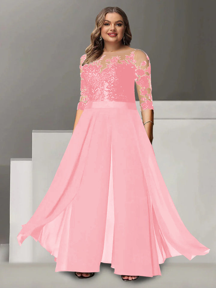 Tailleur-Pantalon pour Mère de la Mariée Grande Taille, Coupe A-Line/Princess, Col Bijou, Manches 3/4, Longueur Au Sol, avec Appliques