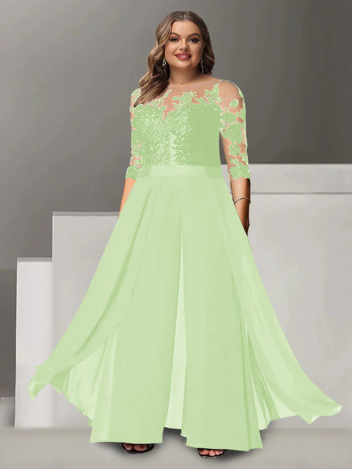 Tailleur-Pantalon pour Mère de la Mariée Grande Taille, Coupe A-Line/Princess, Col Bijou, Manches 3/4, Longueur Au Sol, avec Appliques