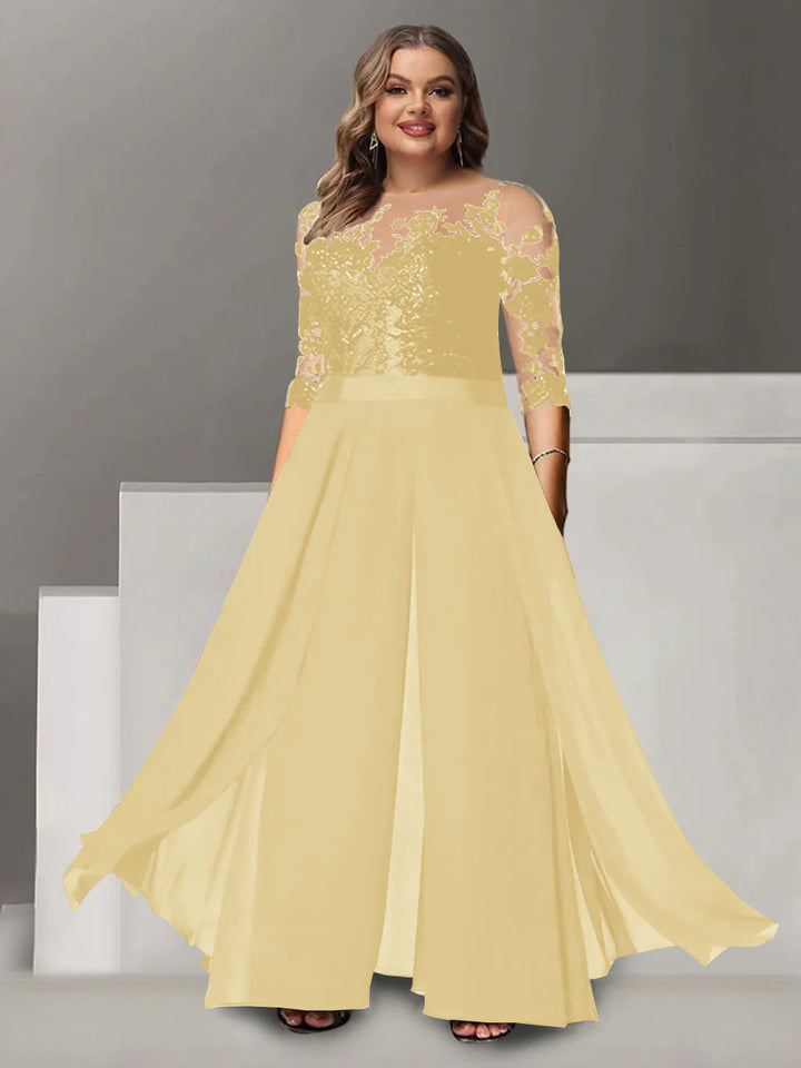 Tailleur-Pantalon pour Mère de la Mariée Grande Taille, Coupe A-Line/Princess, Col Bijou, Manches 3/4, Longueur Au Sol, avec Appliques
