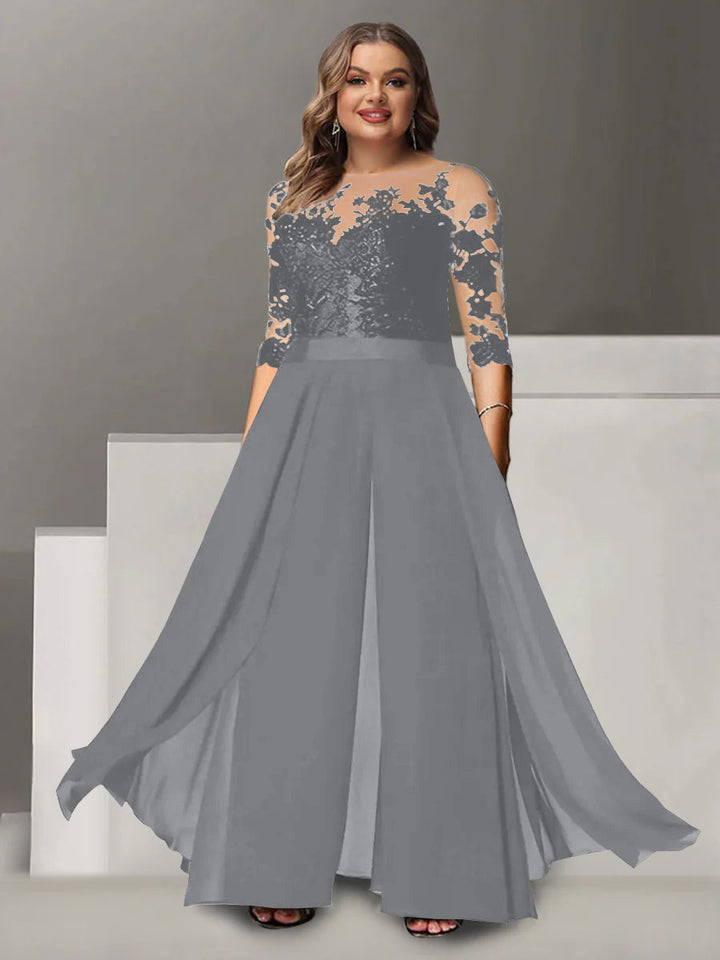 Tailleur-Pantalon pour Mère de la Mariée Grande Taille, Coupe A-Line/Princess, Col Bijou, Manches 3/4, Longueur Au Sol, avec Appliques