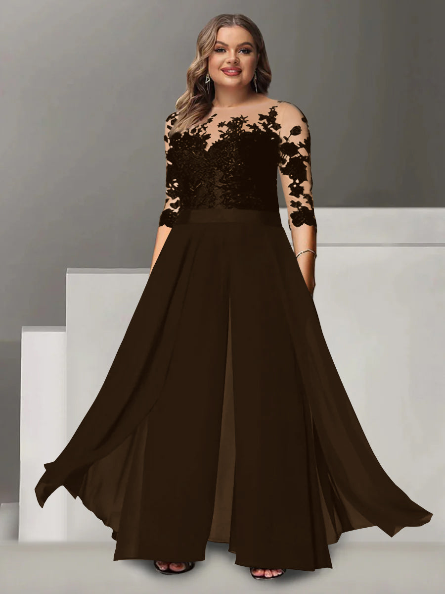 Tailleur-Pantalon pour Mère de la Mariée Grande Taille, Coupe A-Line/Princess, Col Bijou, Manches 3/4, Longueur Au Sol, avec Appliques