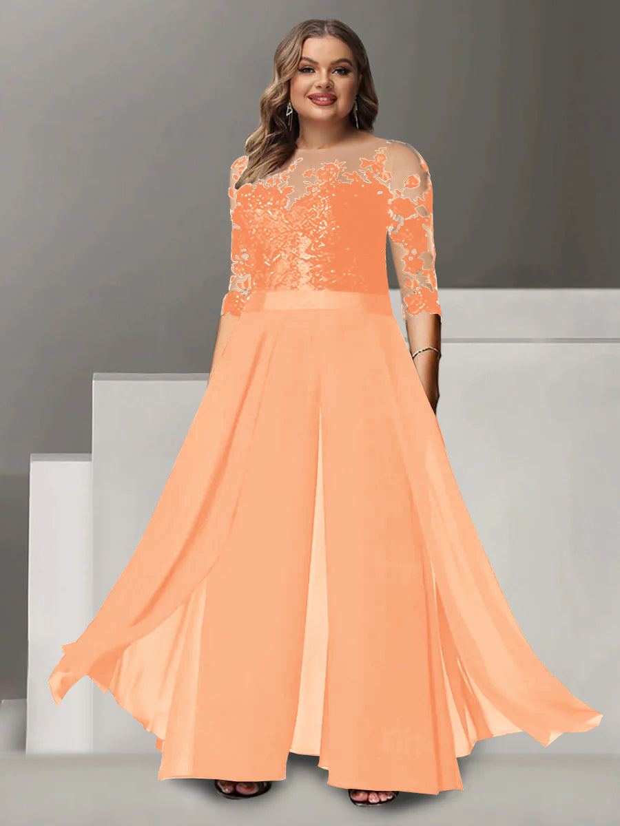 Tailleur-Pantalon pour Mère de la Mariée Grande Taille, Coupe A-Line/Princess, Col Bijou, Manches 3/4, Longueur Au Sol, avec Appliques