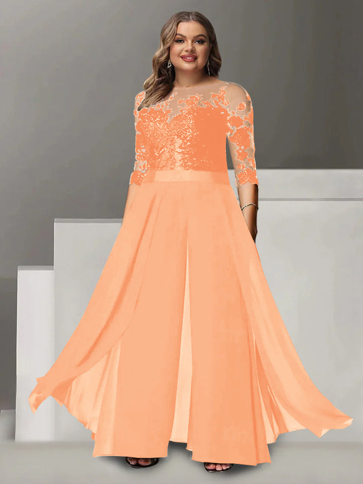 Tailleur-Pantalon pour Mère de la Mariée Grande Taille, Coupe A-Line/Princess, Col Bijou, Manches 3/4, Longueur Au Sol, avec Appliques