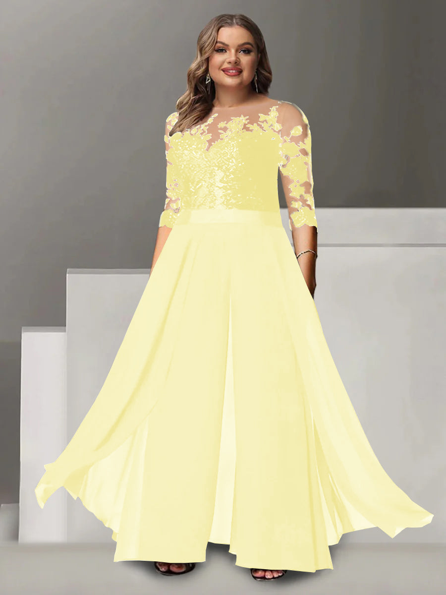 Tailleur-Pantalon pour Mère de la Mariée Grande Taille, Coupe A-Line/Princess, Col Bijou, Manches 3/4, Longueur Au Sol, avec Appliques