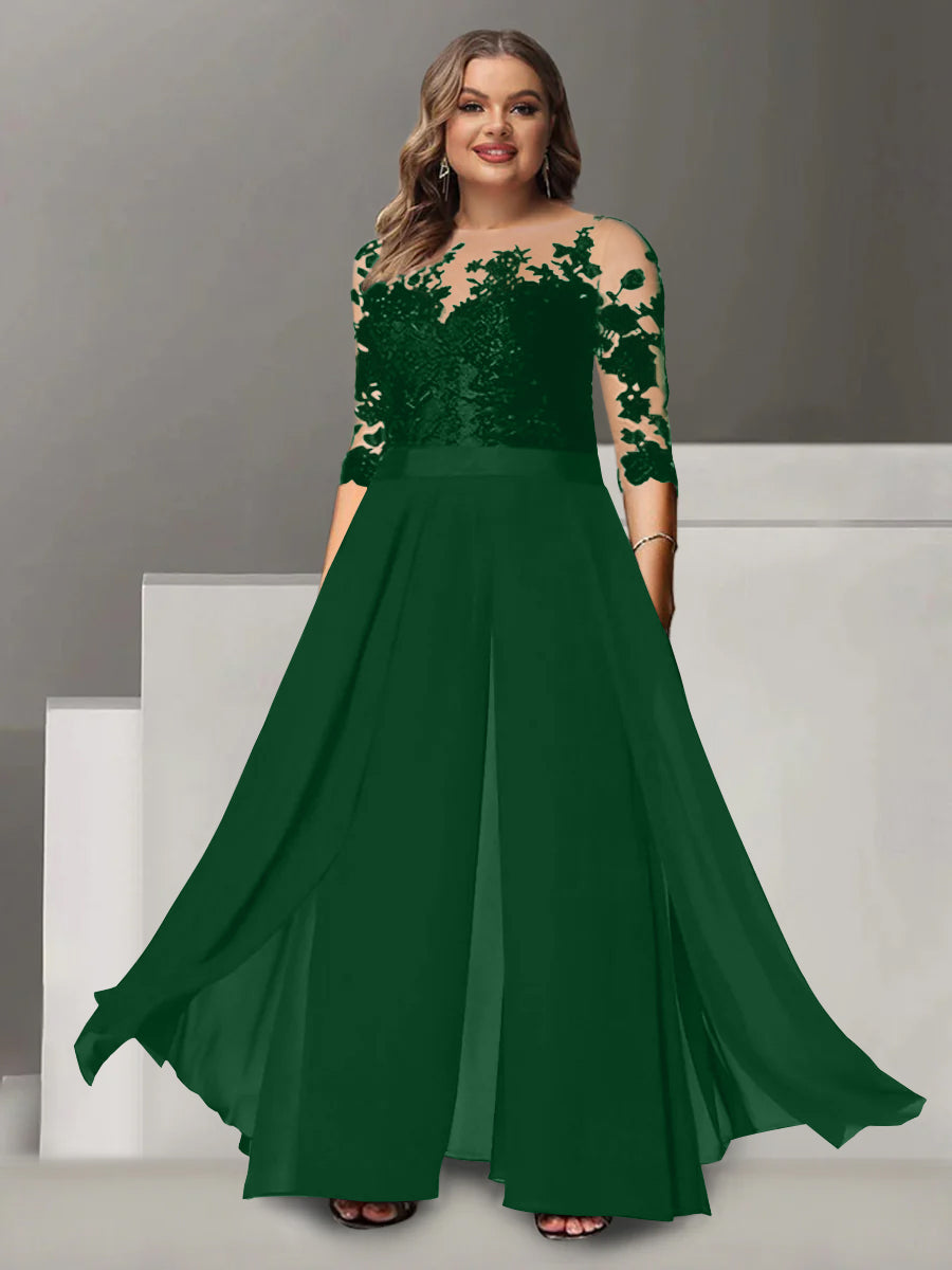 Tailleur-Pantalon pour Mère de la Mariée Grande Taille, Coupe A-Line/Princess, Col Bijou, Manches 3/4, Longueur Au Sol, avec Appliques