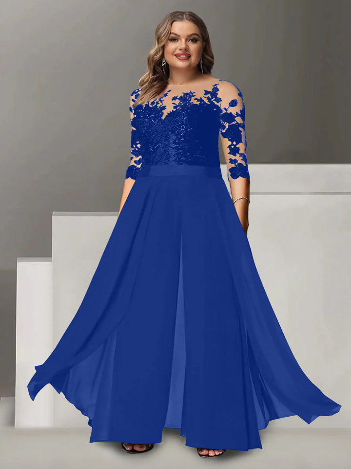Tailleur-Pantalon pour Mère de la Mariée Grande Taille, Coupe A-Line/Princess, Col Bijou, Manches 3/4, Longueur Au Sol, avec Appliques