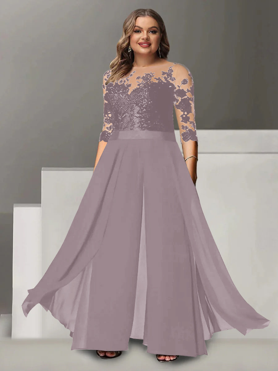 Tailleur-Pantalon pour Mère de la Mariée Grande Taille, Coupe A-Line/Princess, Col Bijou, Manches 3/4, Longueur Au Sol, avec Appliques