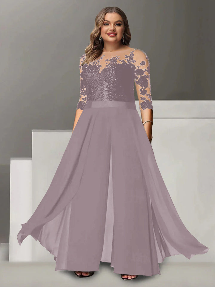 Tailleur-Pantalon pour Mère de la Mariée Grande Taille, Coupe A-Line/Princess, Col Bijou, Manches 3/4, Longueur Au Sol, avec Appliques