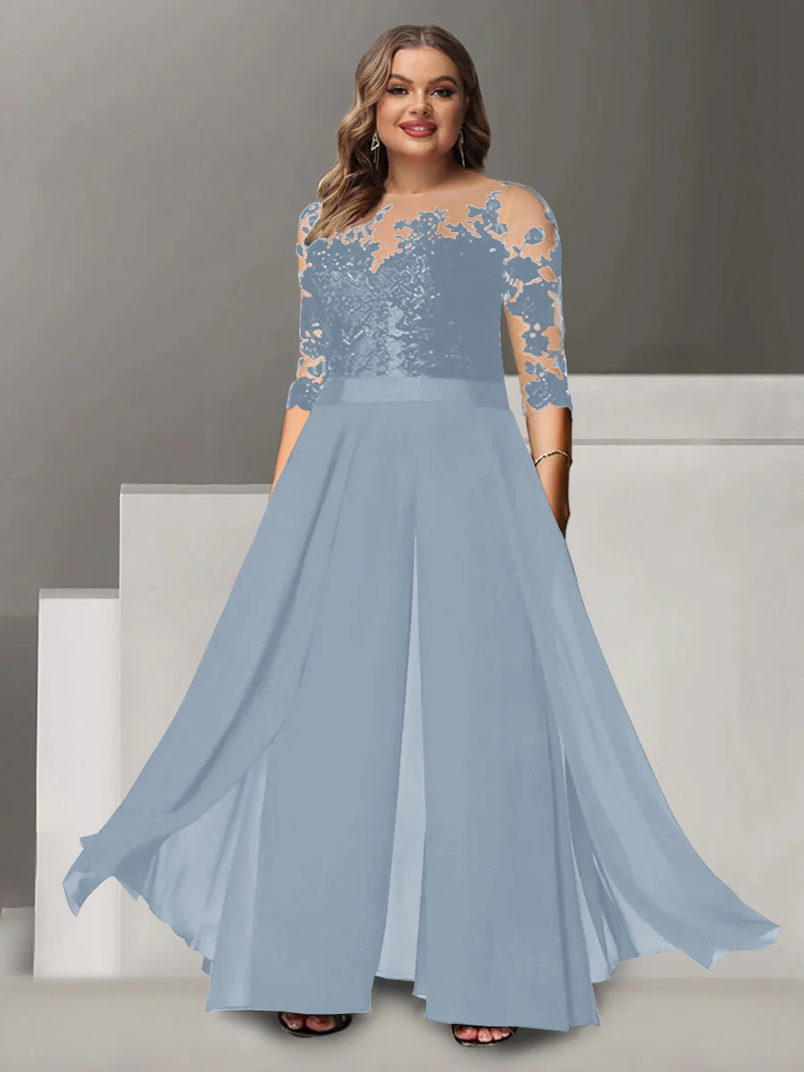 Tailleur-Pantalon pour Mère de la Mariée Grande Taille, Coupe A-Line/Princess, Col Bijou, Manches 3/4, Longueur Au Sol, avec Appliques