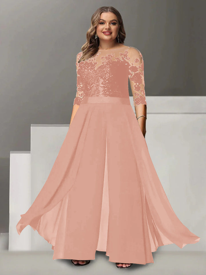 Tailleur-Pantalon pour Mère de la Mariée Grande Taille, Coupe A-Line/Princess, Col Bijou, Manches 3/4, Longueur Au Sol, avec Appliques