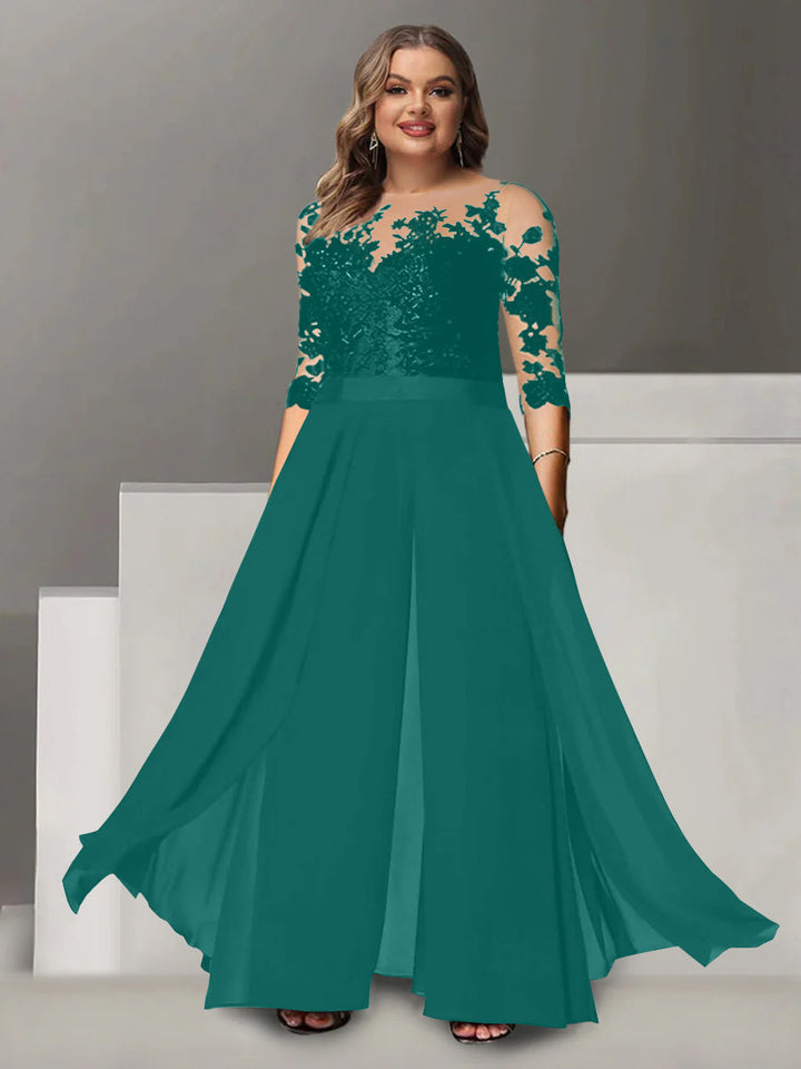 Tailleur-Pantalon pour Mère de la Mariée Grande Taille, Coupe A-Line/Princess, Col Bijou, Manches 3/4, Longueur Au Sol, avec Appliques