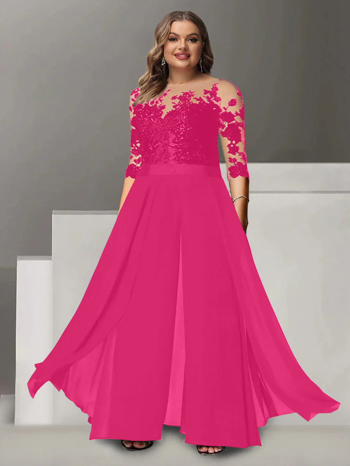 Tailleur-Pantalon pour Mère de la Mariée Grande Taille, Coupe A-Line/Princess, Col Bijou, Manches 3/4, Longueur Au Sol, avec Appliques