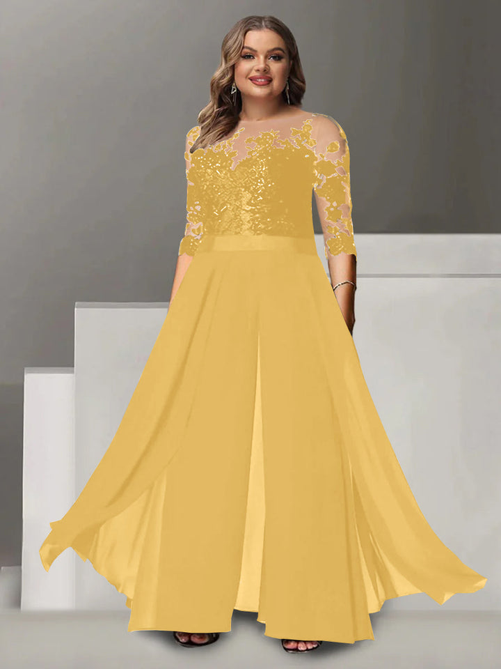 Tailleur-Pantalon pour Mère de la Mariée Grande Taille, Coupe A-Line/Princess, Col Bijou, Manches 3/4, Longueur Au Sol, avec Appliques