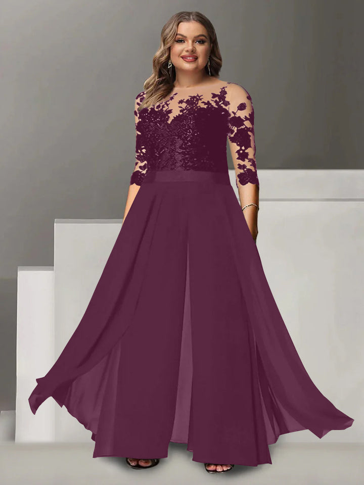 Tailleur-Pantalon pour Mère de la Mariée Grande Taille, Coupe A-Line/Princess, Col Bijou, Manches 3/4, Longueur Au Sol, avec Appliques