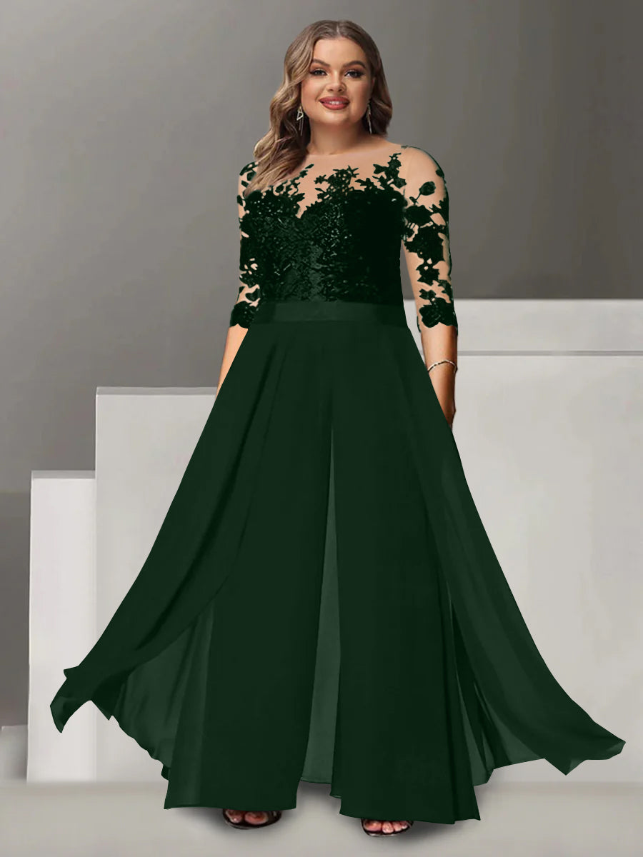 Tailleur-Pantalon pour Mère de la Mariée Grande Taille, Coupe A-Line/Princess, Col Bijou, Manches 3/4, Longueur Au Sol, avec Appliques