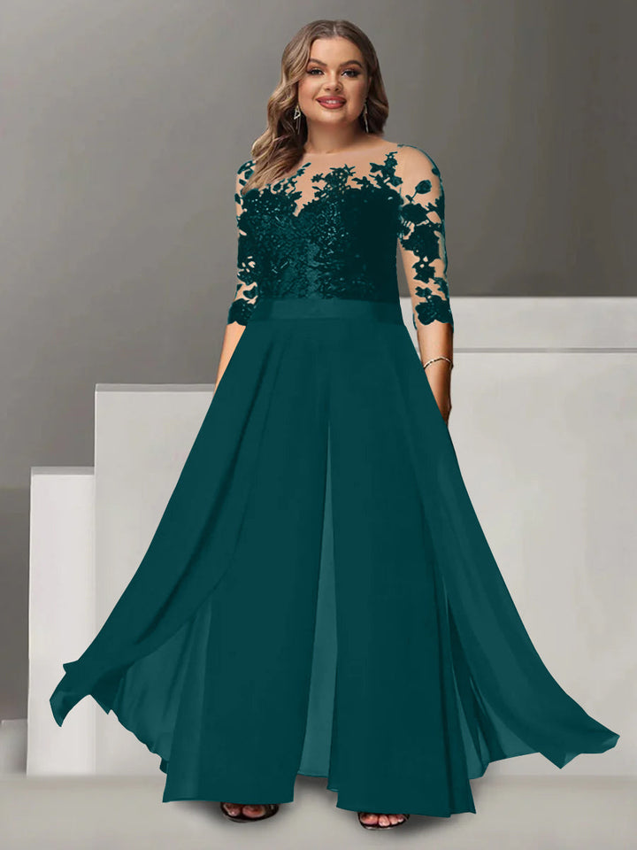 Tailleur-Pantalon pour Mère de la Mariée Grande Taille, Coupe A-Line/Princess, Col Bijou, Manches 3/4, Longueur Au Sol, avec Appliques