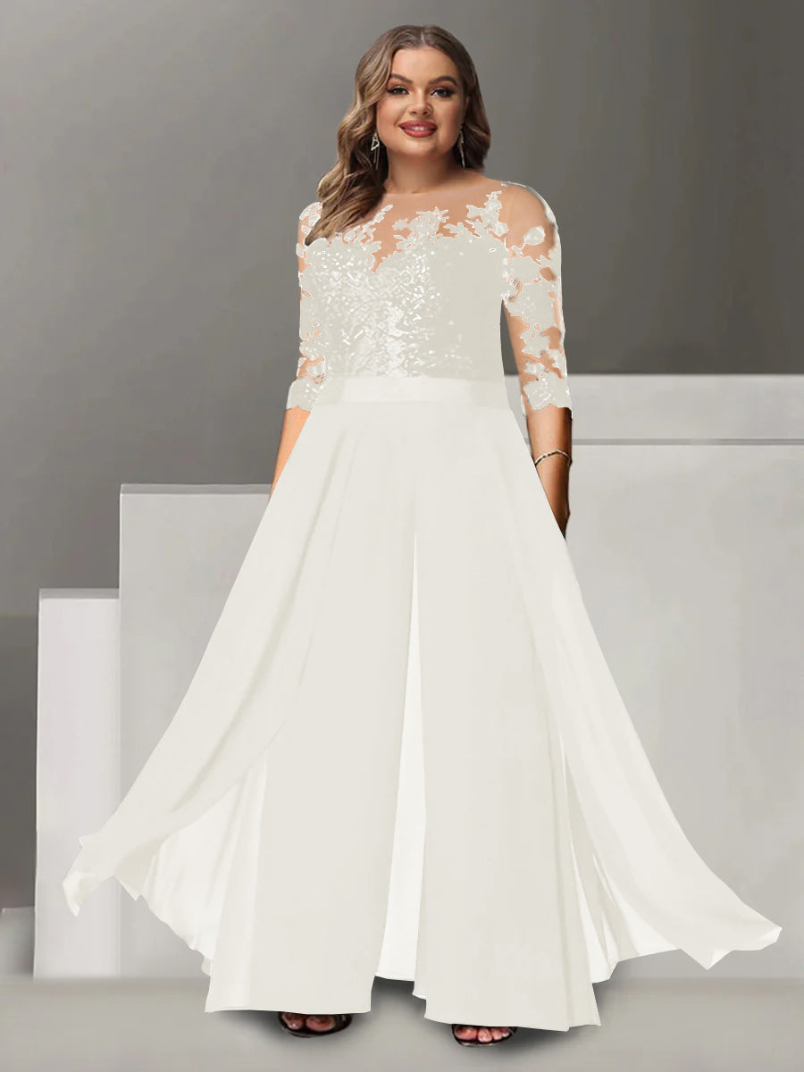 Tailleur-Pantalon pour Mère de la Mariée Grande Taille, Coupe A-Line/Princess, Col Bijou, Manches 3/4, Longueur Au Sol, avec Appliques