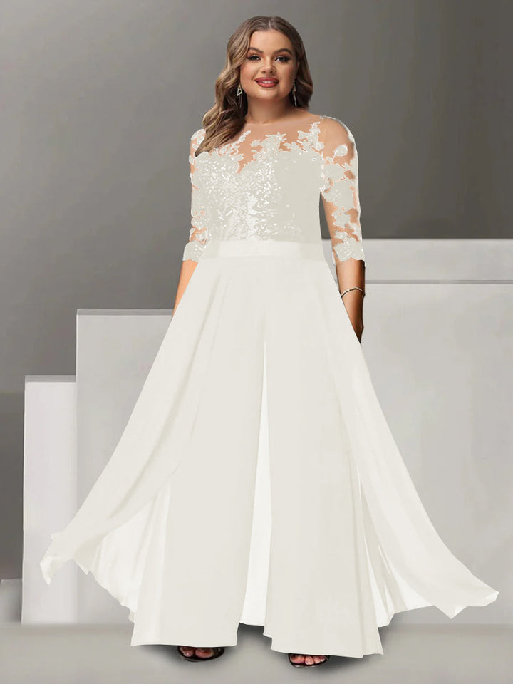 Tailleur-Pantalon pour Mère de la Mariée Grande Taille, Coupe A-Line/Princess, Col Bijou, Manches 3/4, Longueur Au Sol, avec Appliques