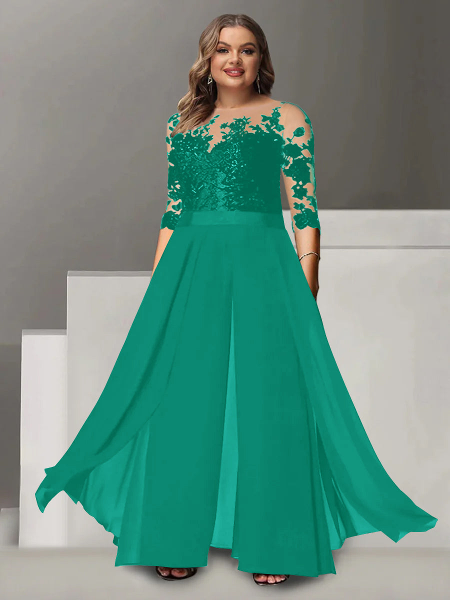 Tailleur-Pantalon pour Mère de la Mariée Grande Taille, Coupe A-Line/Princess, Col Bijou, Manches 3/4, Longueur Au Sol, avec Appliques
