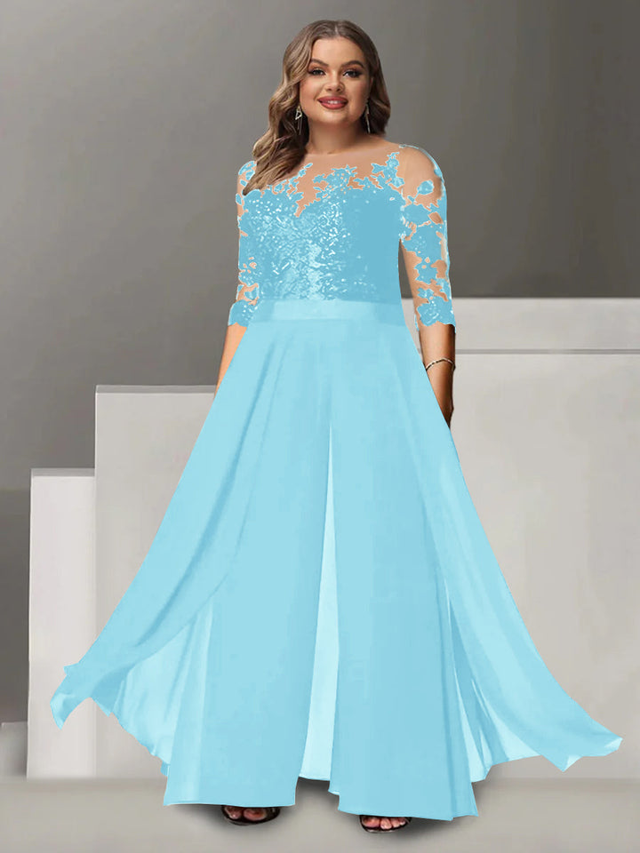 Tailleur-Pantalon pour Mère de la Mariée Grande Taille, Coupe A-Line/Princess, Col Bijou, Manches 3/4, Longueur Au Sol, avec Appliques