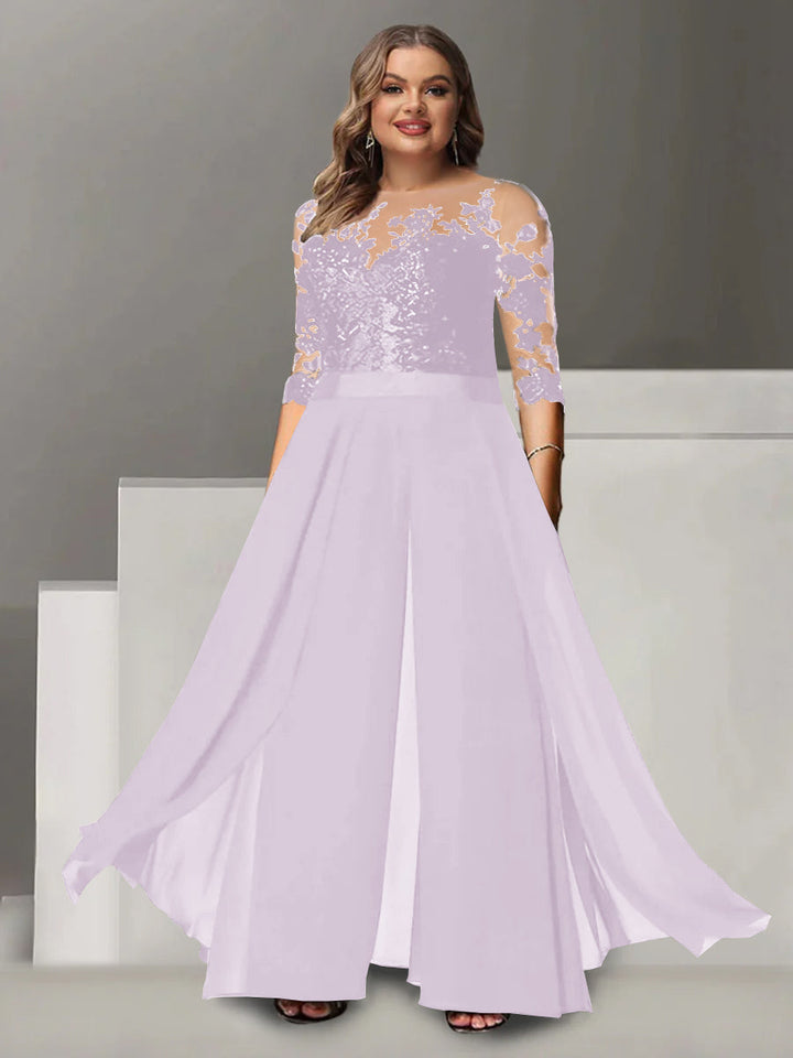Tailleur-Pantalon pour Mère de la Mariée Grande Taille, Coupe A-Line/Princess, Col Bijou, Manches 3/4, Longueur Au Sol, avec Appliques