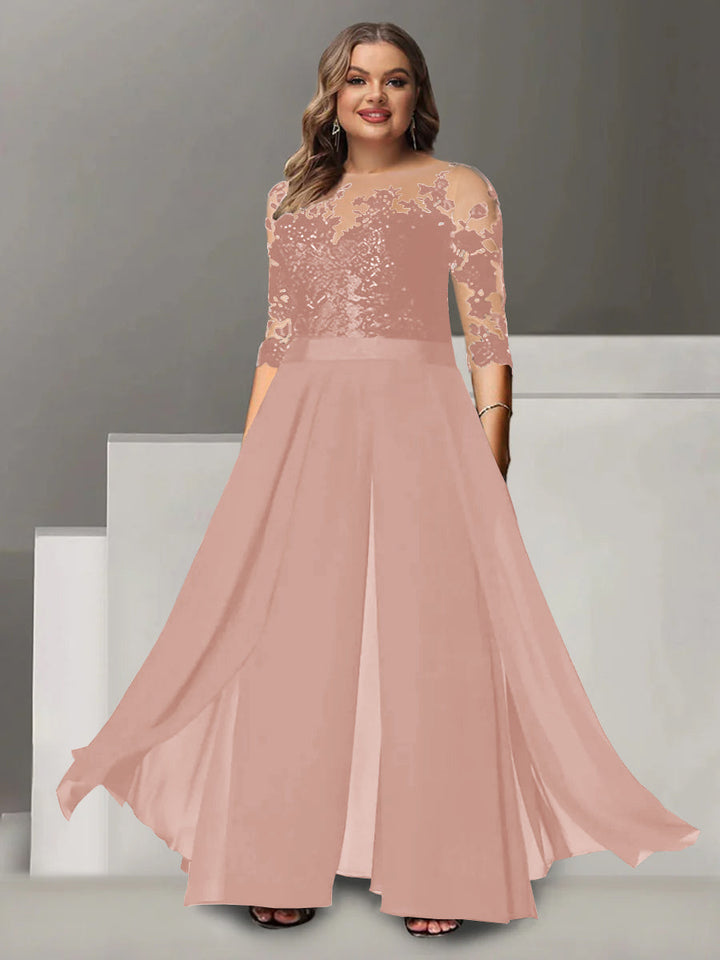 Tailleur-Pantalon pour Mère de la Mariée Grande Taille, Coupe A-Line/Princess, Col Bijou, Manches 3/4, Longueur Au Sol, avec Appliques