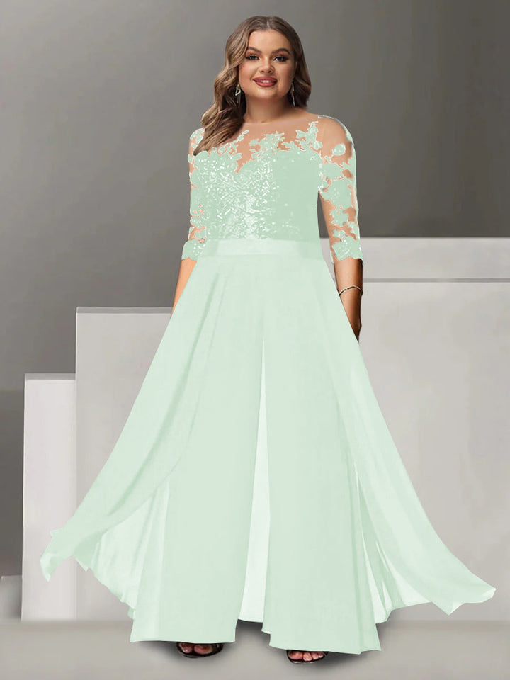 Tailleur-Pantalon pour Mère de la Mariée Grande Taille, Coupe A-Line/Princess, Col Bijou, Manches 3/4, Longueur Au Sol, avec Appliques