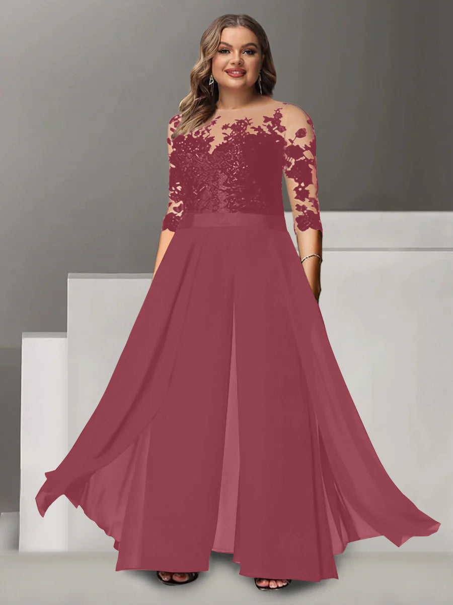 Tailleur-Pantalon pour Mère de la Mariée Grande Taille, Coupe A-Line/Princess, Col Bijou, Manches 3/4, Longueur Au Sol, avec Appliques