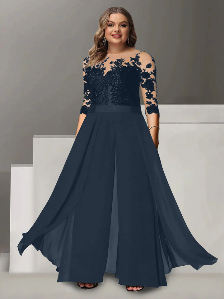 Tailleur-Pantalon pour Mère de la Mariée Grande Taille, Coupe A-Line/Princess, Col Bijou, Manches 3/4, Longueur Au Sol, avec Appliques