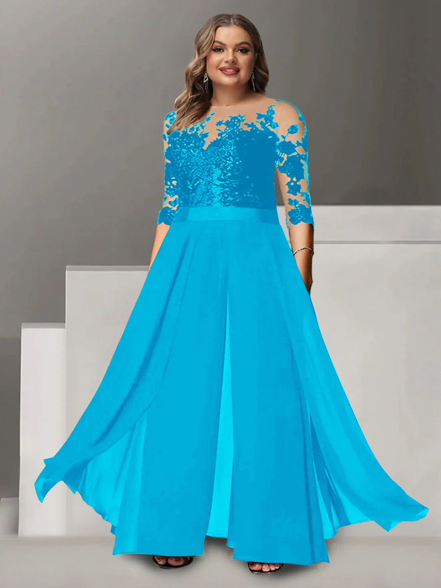 Tailleur-Pantalon pour Mère de la Mariée Grande Taille, Coupe A-Line/Princess, Col Bijou, Manches 3/4, Longueur Au Sol, avec Appliques
