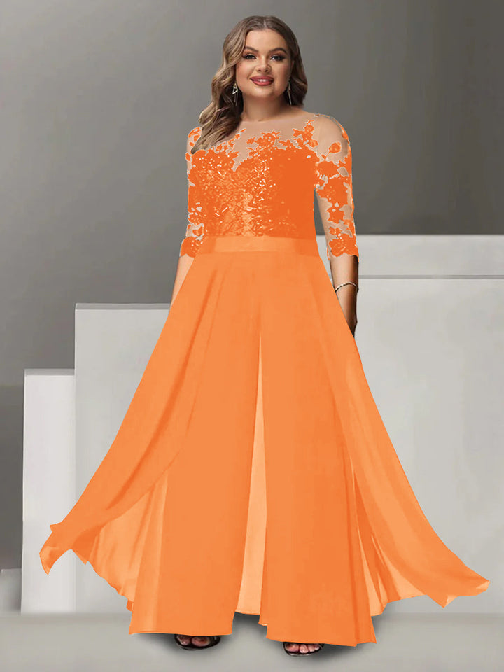 Tailleur-Pantalon pour Mère de la Mariée Grande Taille, Coupe A-Line/Princess, Col Bijou, Manches 3/4, Longueur Au Sol, avec Appliques