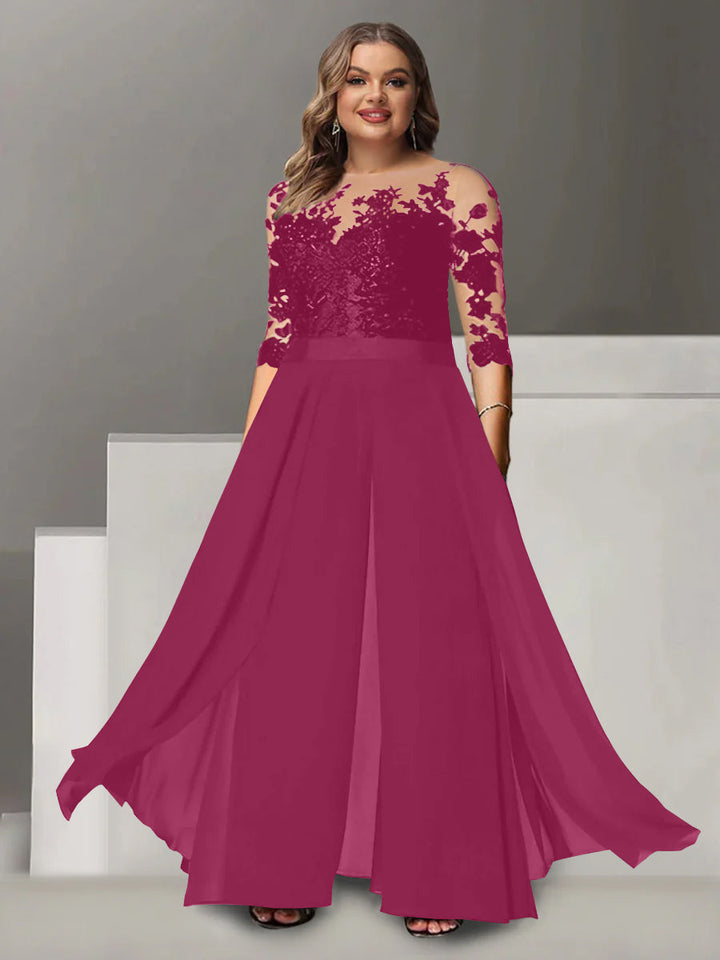 Tailleur-Pantalon pour Mère de la Mariée Grande Taille, Coupe A-Line/Princess, Col Bijou, Manches 3/4, Longueur Au Sol, avec Appliques