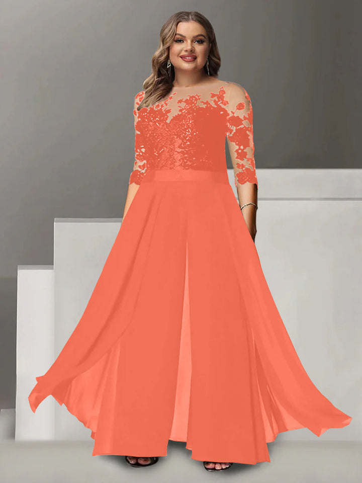Tailleur-Pantalon pour Mère de la Mariée Grande Taille, Coupe A-Line/Princess, Col Bijou, Manches 3/4, Longueur Au Sol, avec Appliques