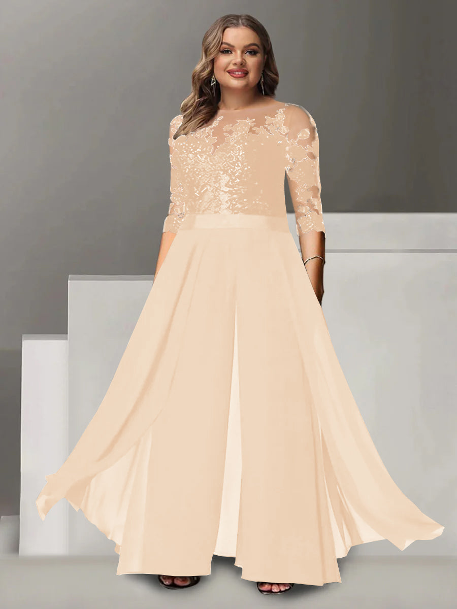 Tailleur-Pantalon pour Mère de la Mariée Grande Taille, Coupe A-Line/Princess, Col Bijou, Manches 3/4, Longueur Au Sol, avec Appliques