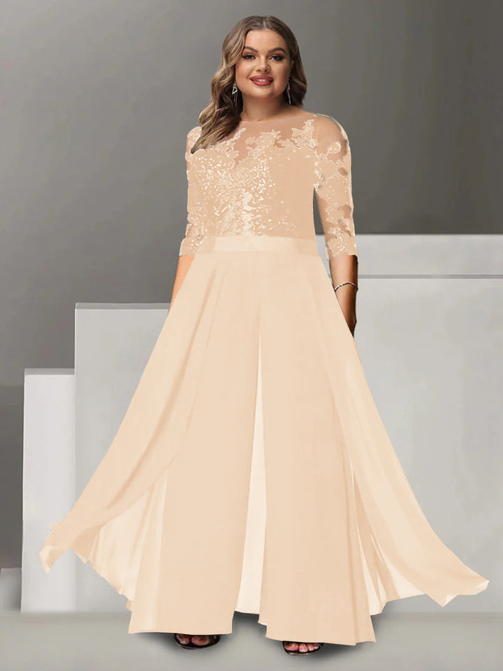 Tailleur-Pantalon pour Mère de la Mariée Grande Taille, Coupe A-Line/Princess, Col Bijou, Manches 3/4, Longueur Au Sol, avec Appliques