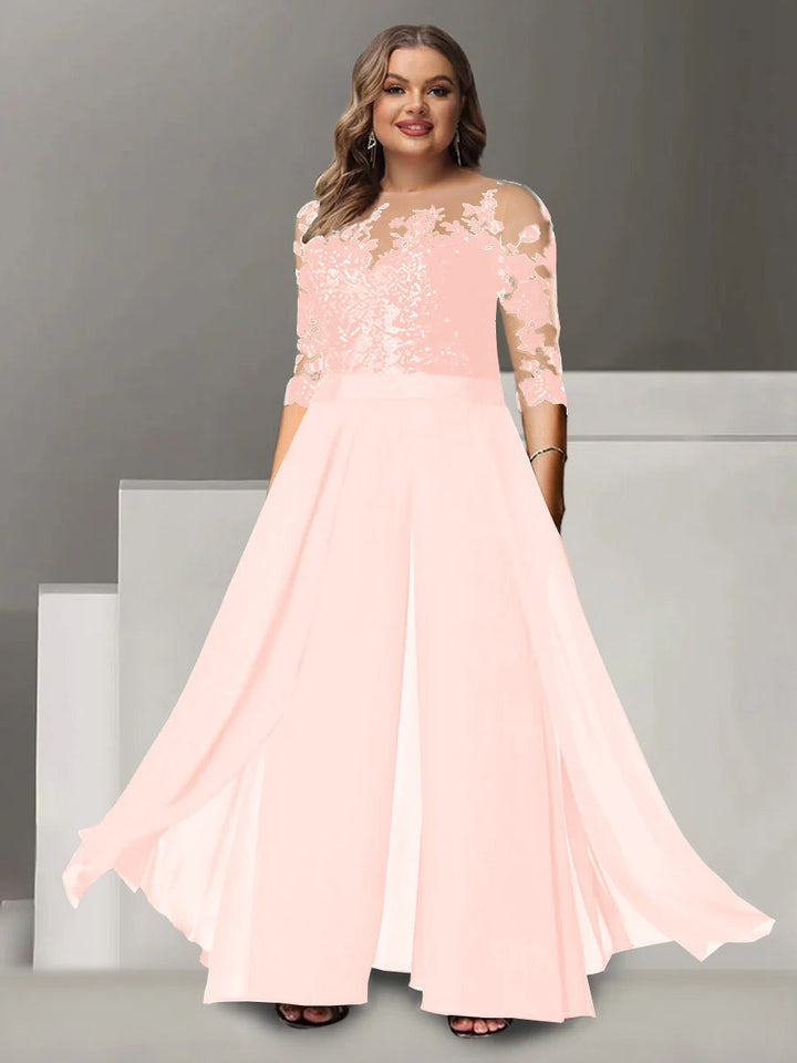 Tailleur-Pantalon pour Mère de la Mariée Grande Taille, Coupe A-Line/Princess, Col Bijou, Manches 3/4, Longueur Au Sol, avec Appliques