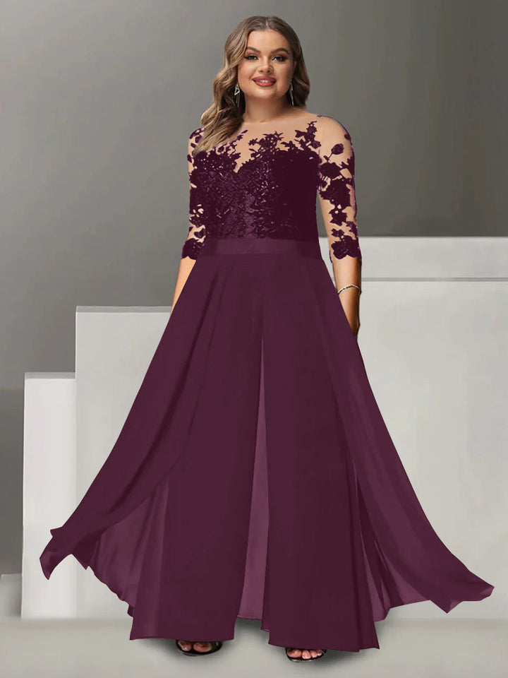 Tailleur-Pantalon pour Mère de la Mariée Grande Taille, Coupe A-Line/Princess, Col Bijou, Manches 3/4, Longueur Au Sol, avec Appliques