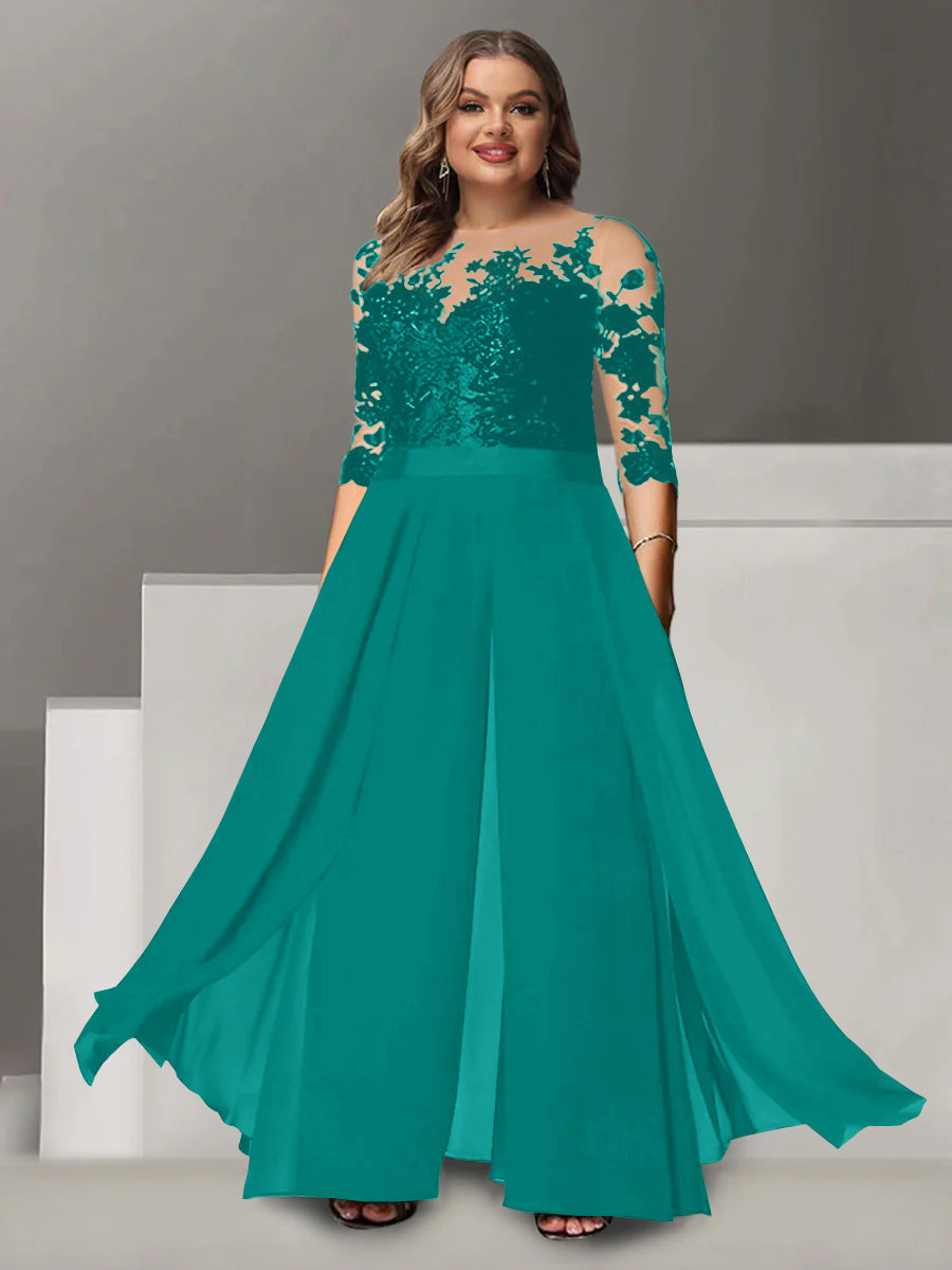 Tailleur-Pantalon pour Mère de la Mariée Grande Taille, Coupe A-Line/Princess, Col Bijou, Manches 3/4, Longueur Au Sol, avec Appliques